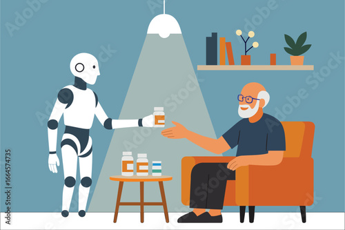Friendly robot assists elderly man by providing medication bottles with care and technology