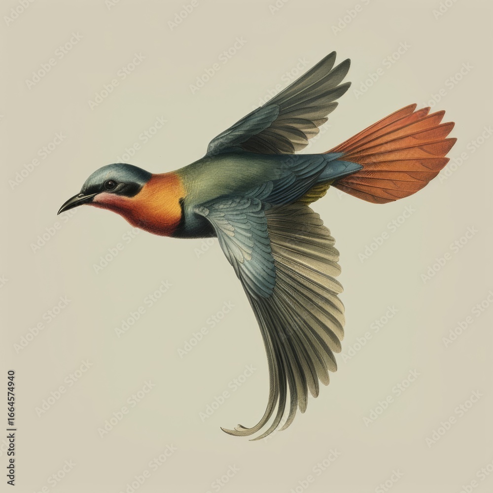 Obraz premium Flying iridescent colorful small bird isolated on off-white background