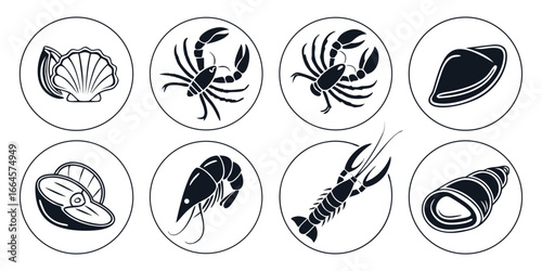 Collection of Seafood Icons in Circles