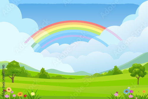 A colorful rainbow in a bright blue sky over a green landscape scene