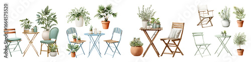 Outdoor Cafe Furniture and Plants Set: Watercolor Illustration