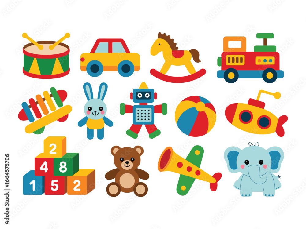 Fototapeta premium Colorful Children Toys Vector Set, Cute Baby Playthings Cartoon Illustration, Kids Fun Toy Collection