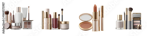 Elegant Makeup Products Assortment, Neutral Tones, Isolated on White. Beauty and Cosmetics Collection