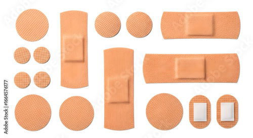 Various Adhesive Bandages, Medical First Aid Plasters for Wound Care Isolated on White Background