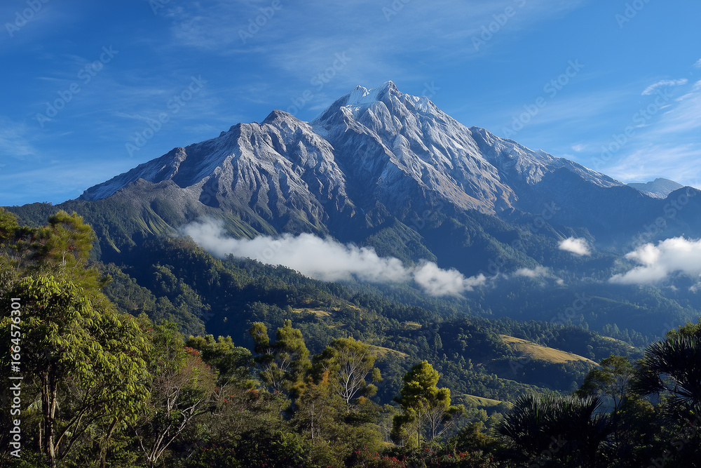 Fototapeta premium Majestic mountains with snow-capped peaks, green valleys below, clean and natural air