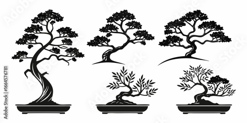 Collection of Stylized Black Bonsai Tree Silhouettes.