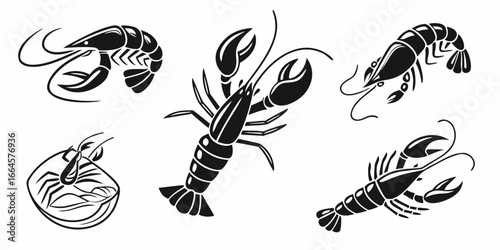 Collection of Stylized Black Lobster and Shrimp Illustrations.