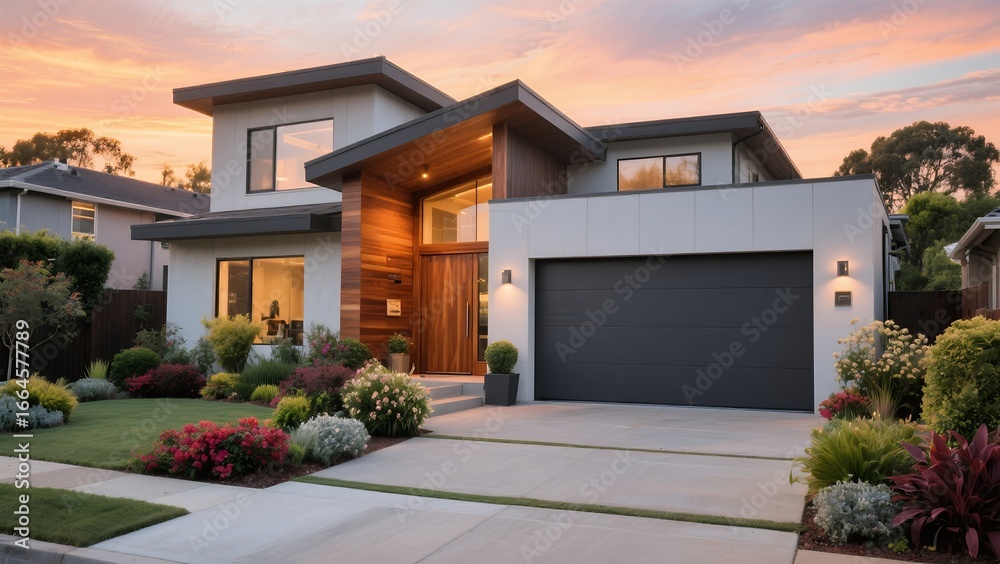 Fototapeta premium Modern Contemporary House Exterior at Sunset with Well-maintained Garden and Bright Lighting