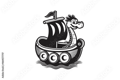 Cartoonish Dragon in Black Viking Ship, Minimalist on White Background