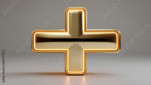 Glossy Golden Plus Symbol With Illuminated Edges Against A Neutral Background