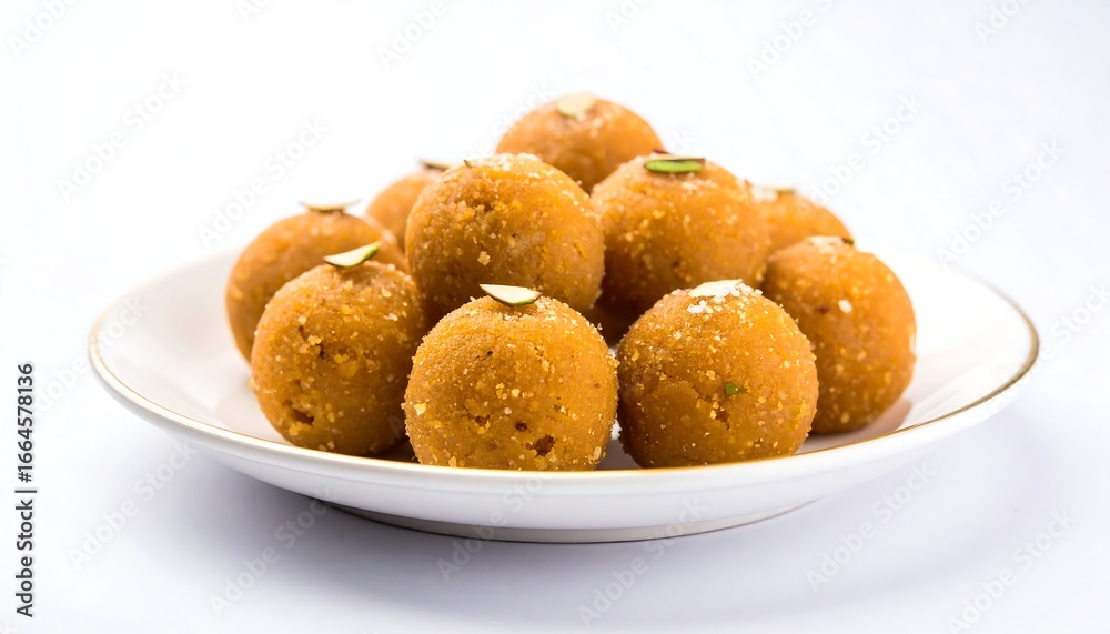 A plate of golden-colored, round sweetmeats, garnished with small leaves A plate of golden-colored, round sweetmeats, garnished with small leaves