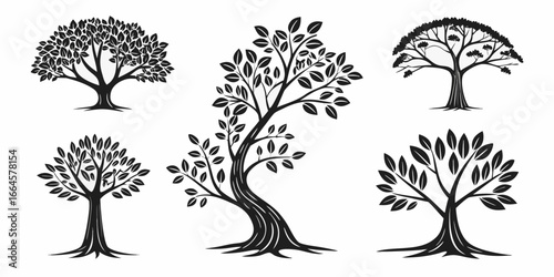 Collection of Stylized Black Trees with Leaves