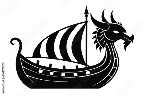 Black Silhouette of Viking Drakkar Boat with Dragon Head on White Background