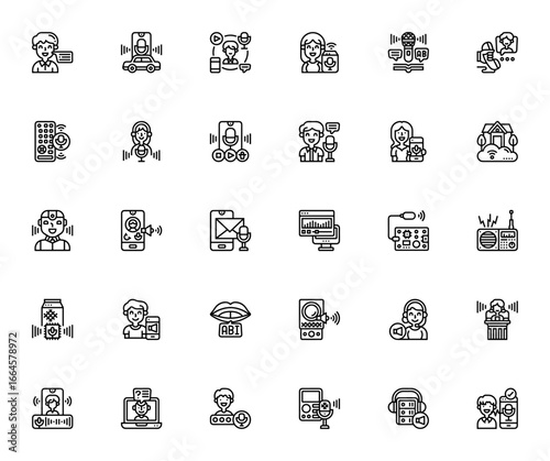 Voice Recognition icon set. Vector illustration. Smart home voice control symbols. Includes speech, voice assistant, remote control, synthesizer, voice recorder and more. Editable stroke.