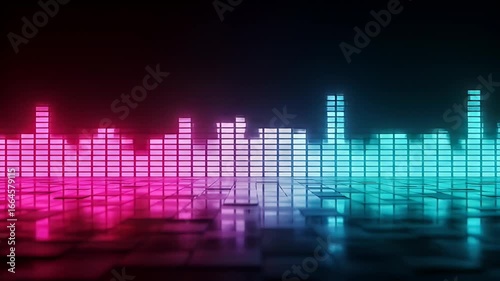 Abstract Neon Glowing Equalizer Spectrum Lights Music Audio Sound Frequency Wave on Tiled Surface in Pink Blue and Purple