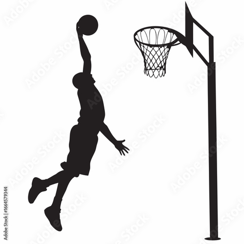 Man in black silhouette jumping to dunk basketball into hoop