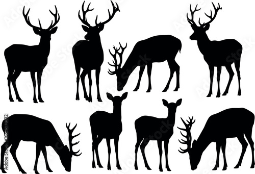 Deer silhouette graphic array in monochrome shows the majestic forms of deer in a graphic monochrome representation.