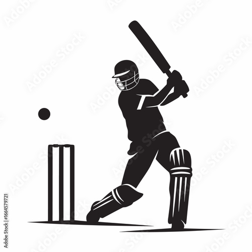 Cricket player in action swinging bat and hitting ball