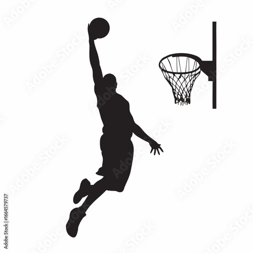 a black silhouette of a basketball player dunking a ball into hoop