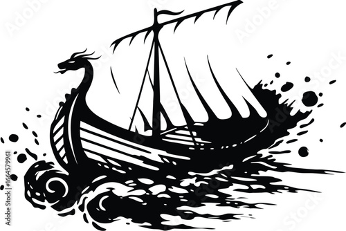 Black Silhouette Viking Ship on the Water in with a White Background