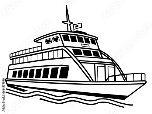Vector style coloring page with a simple black outline drawing of a ferry boat