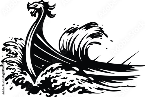 Drakkar Viking Longship with Dragon Head on White Background