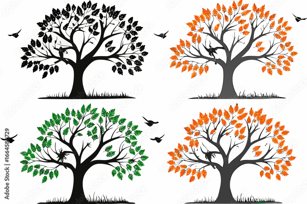 Fototapeta premium Four trees with different colored leaves and birds flying around them freely outside