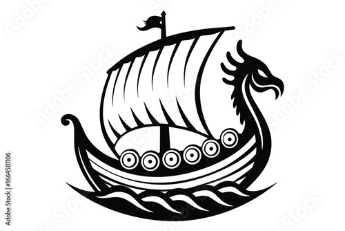 Black Silhouette of Viking Ship with Dragon Head on a White Background
