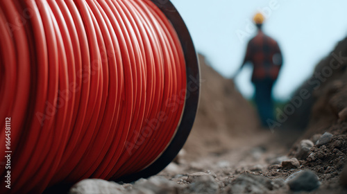 Red cable spool in foreground with blurred construction worker wearing helmet walking in trench on sunny day