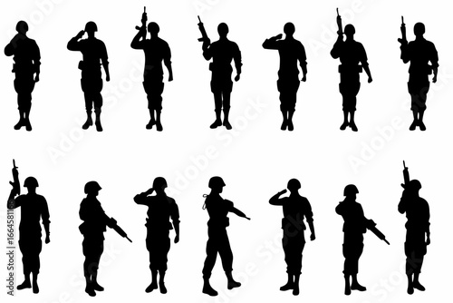 Soldiers in various poses with guns and saluting