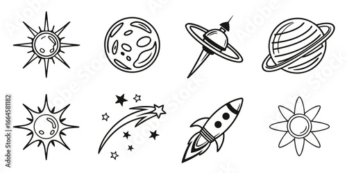Cosmic Icons: Sun, Moon, Planets, Rocket, Stars