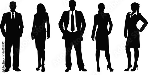 Business people standing in a row in formal attire silhouettes against white