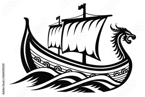 Black Viking Ship with Dragon Head, Ornament on Waves, White Background Design