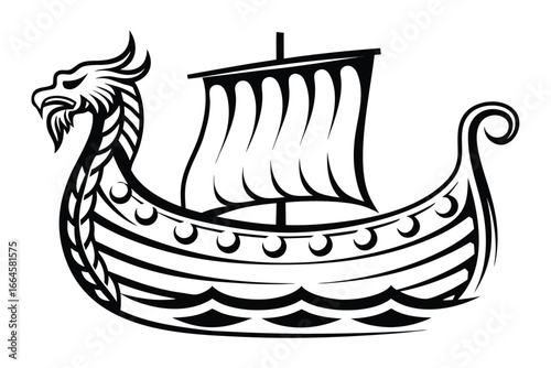 Black Viking Ship on a White Background Isolated