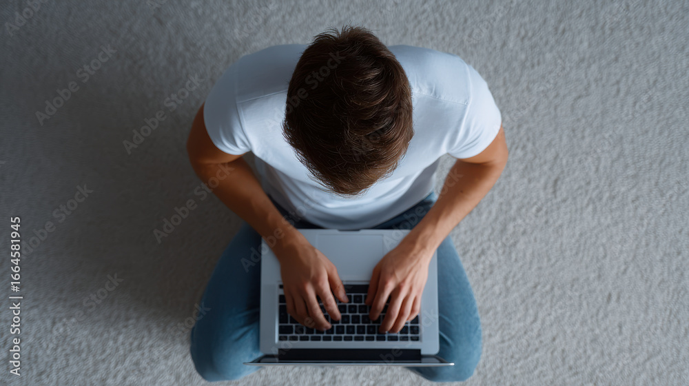 Naklejka premium Young man typing on laptop sitting on carpet floor with casual clothing and focused posture in home environment