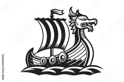 Black Dragon Head Viking Ship Sailing Boat on White Background Design