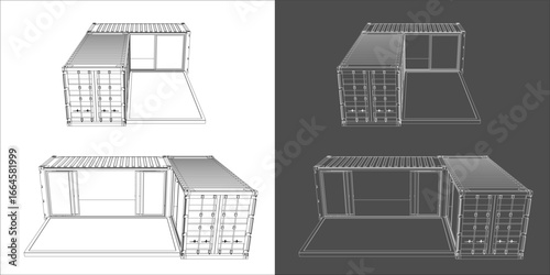 Blueprint of a Shipping Container Office or Living Space, Multiple Angles
