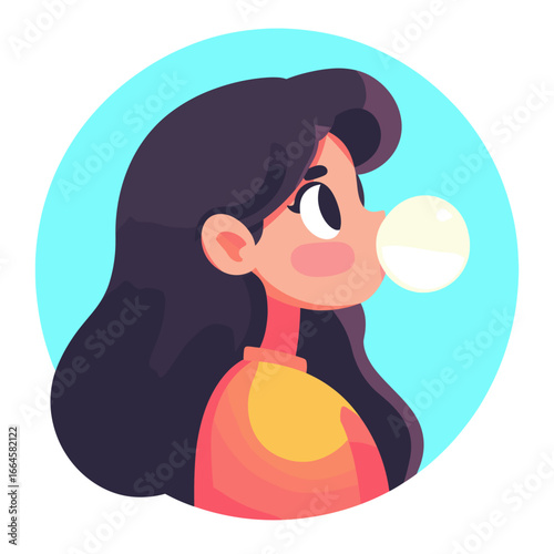 Colorful Illustration of a Girl Blowing Bubblegum