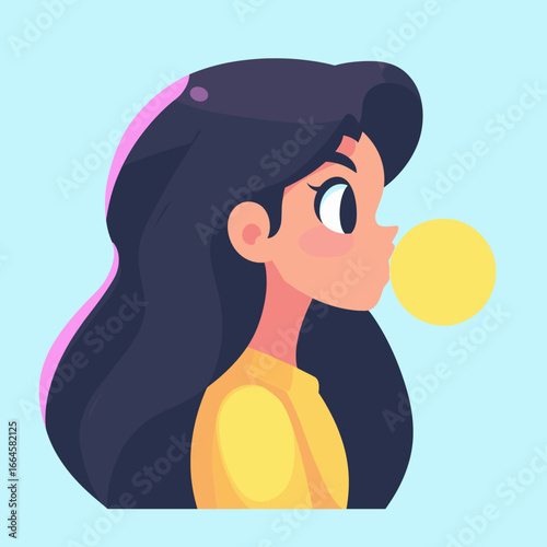 Colorful Illustration of a Girl Blowing Bubblegum