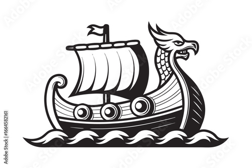 Line Art Viking Ship with Dragon Head Sailing on Waves, Isolated on White