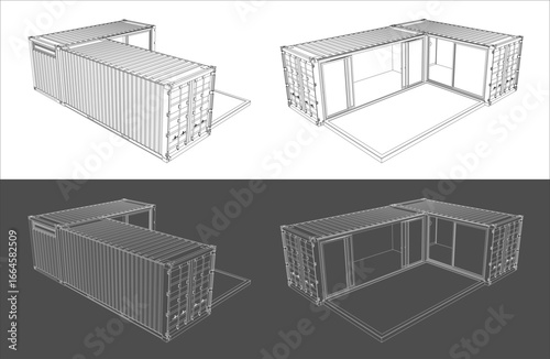 Blueprint of a Shipping Container House or Office, Multiple Angles and Interior View