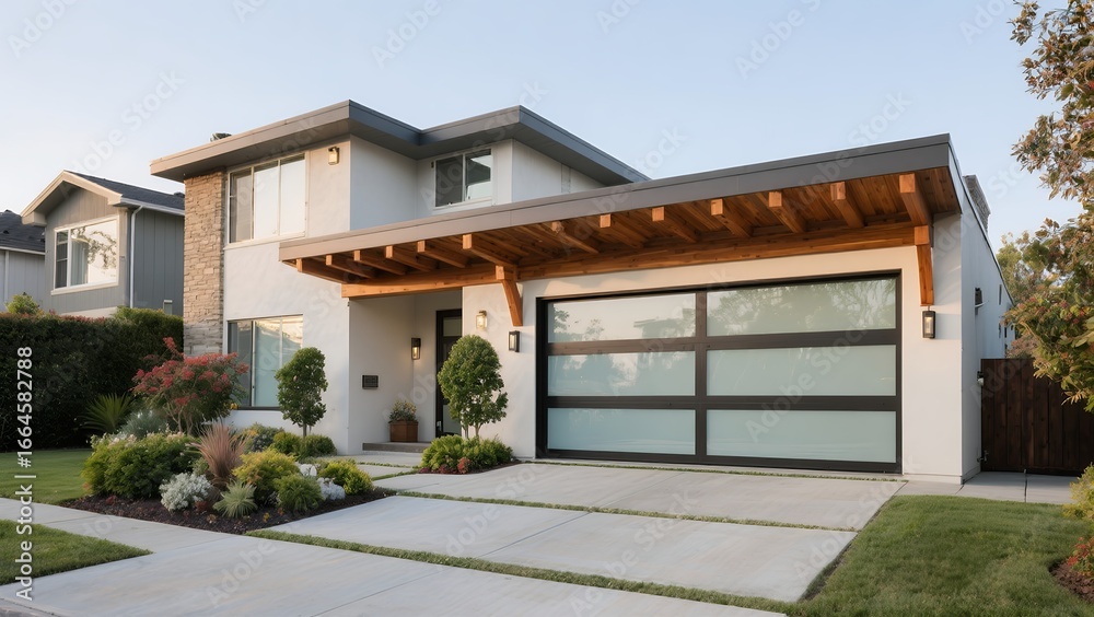 Fototapeta premium Modern Two Story House with Large Garage and Well Maintained Garden in Suburban Neighborhood