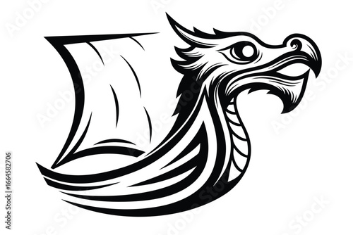 Norse Viking Ship Drakkar with Dragon Head on White Background Isolated