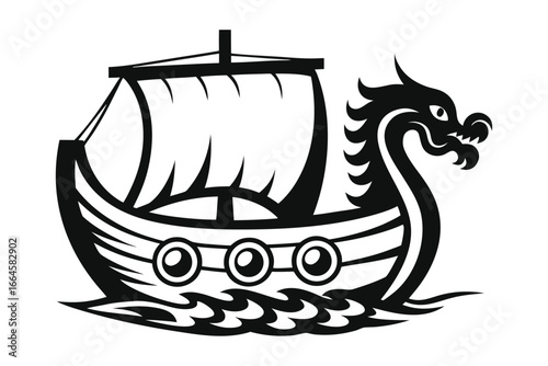Drakkar Style Black Icon with Dragon Head on White Background Isolated