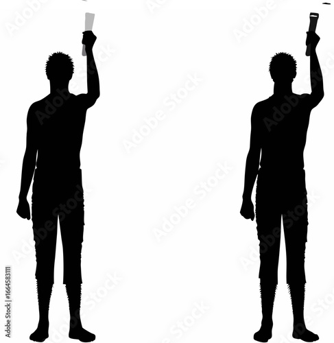Silhouette of men holding up phone in different poses on white background