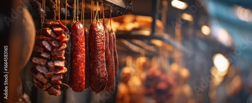 The Sausages Hanging in a Rustic Smokehouse Market Stall with Warm Light