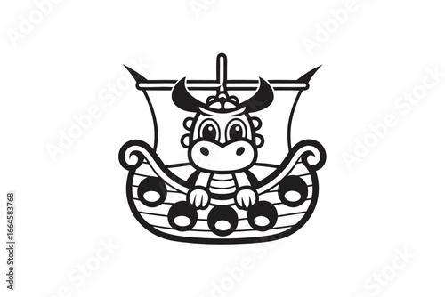 Cartoon Ox Character Mascot Design on Viking Ship, Art, White Background
