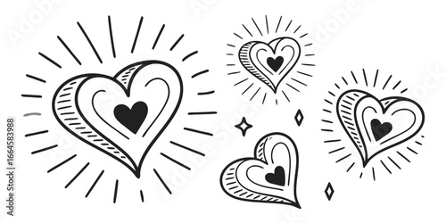 Hand Drawn Hearts with Radiant Lines
