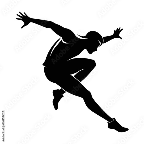 A black silhouette of a woman running in a sprinting motion quickly