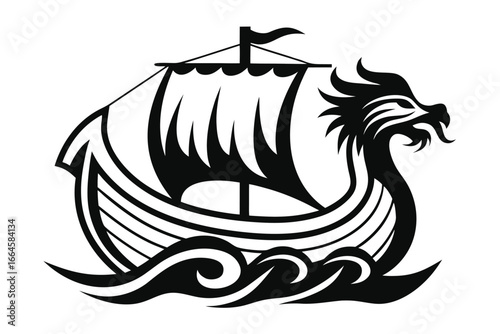 Black and White Viking Ship Drakkar with Dragon Head
